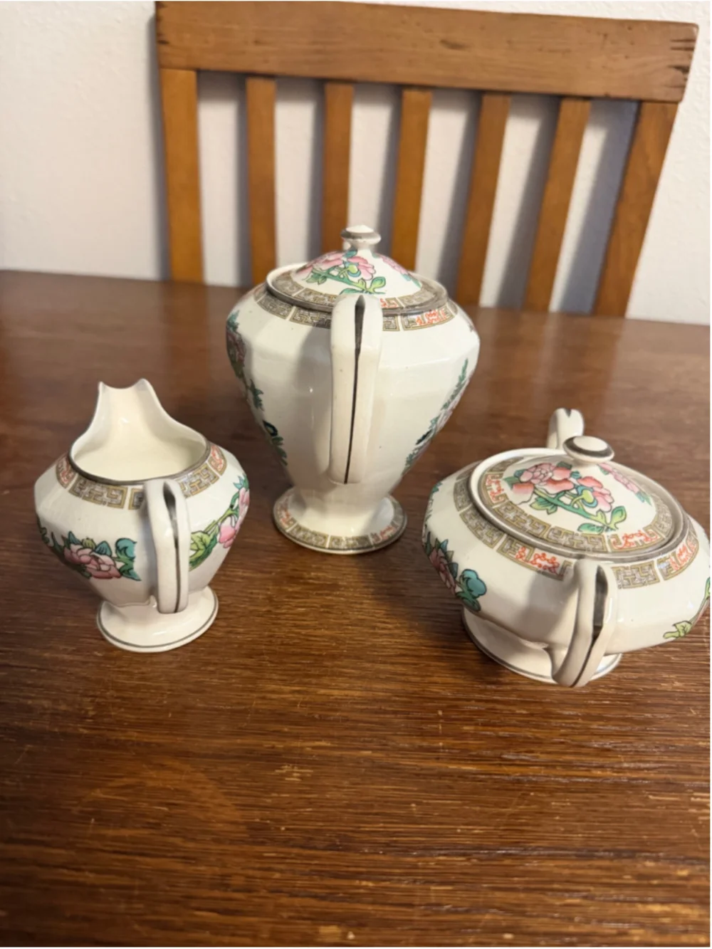 Vintage Wm M Knowles Vitreous China 3 Piece Tea Set Floral Teapot Sugar Bowl Cre